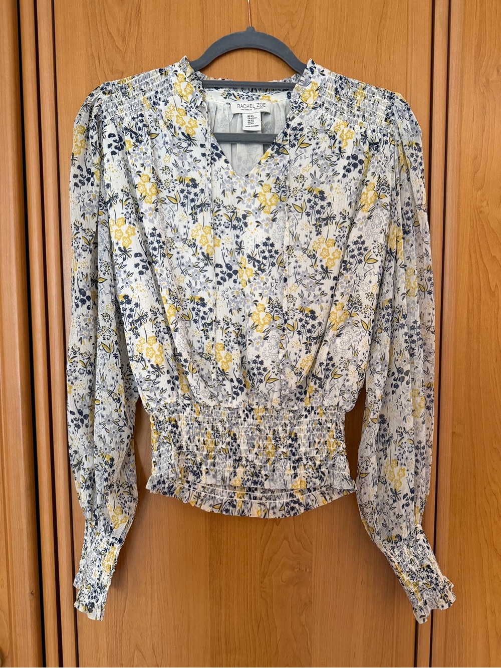 Rachel Zoe Floral Smocked Waist Long Sleeve Blouse White Yellow Blue Size XS